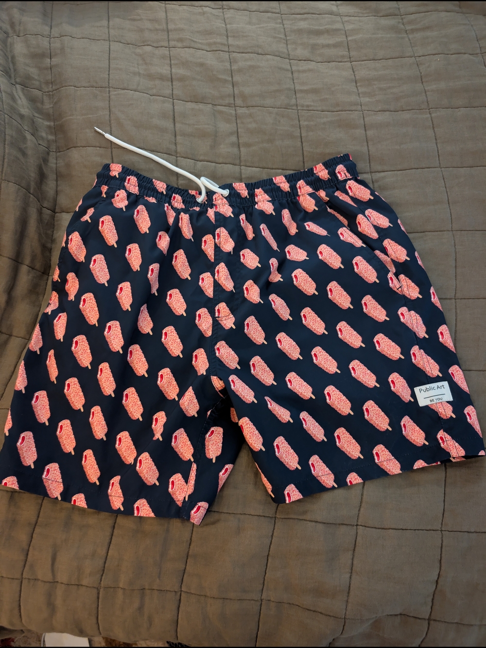Navy Swim Trunks with Strawberry Shortcake Bar Print